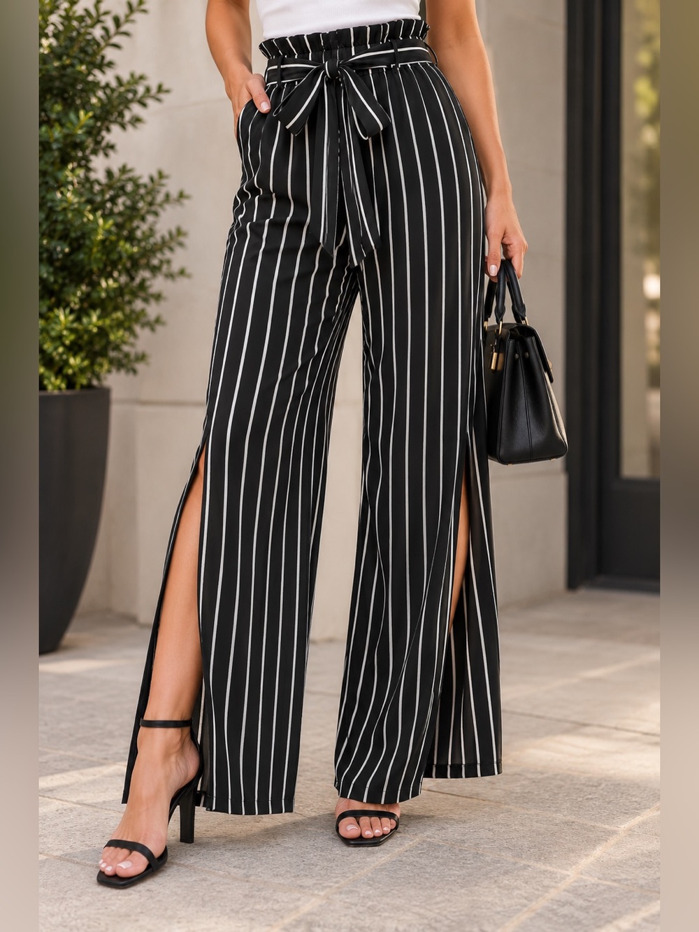 Analili Black White Striped Paperbag Waist Wide Leg Pants M - Picture 1 of 13